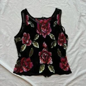 Black and red floral rose sequin beaded bead sheer lace tank top